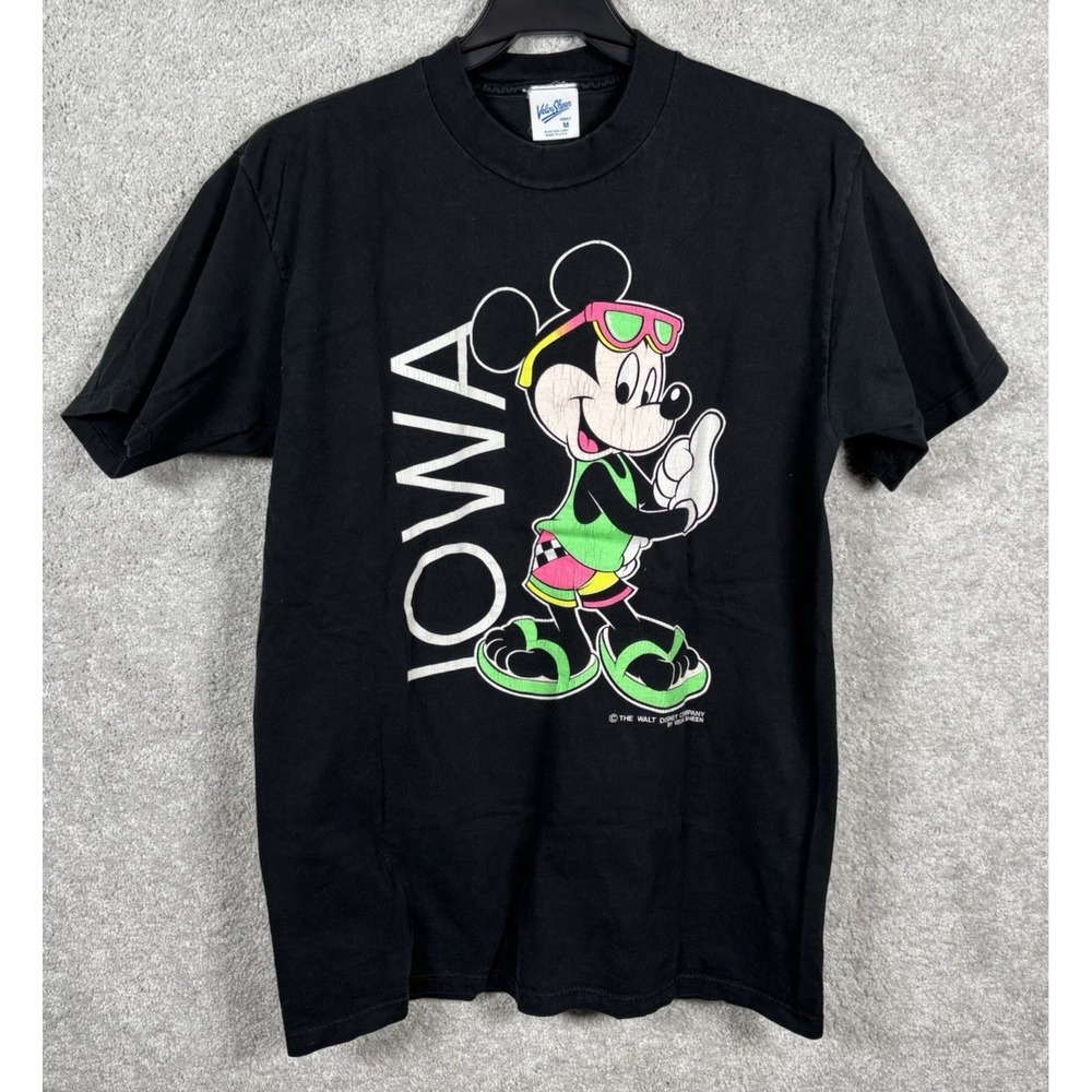 Iowa Mickey Mouse Tshirt Walt Disney M Velva Sheen Black Beach Vacation Vtg 90s